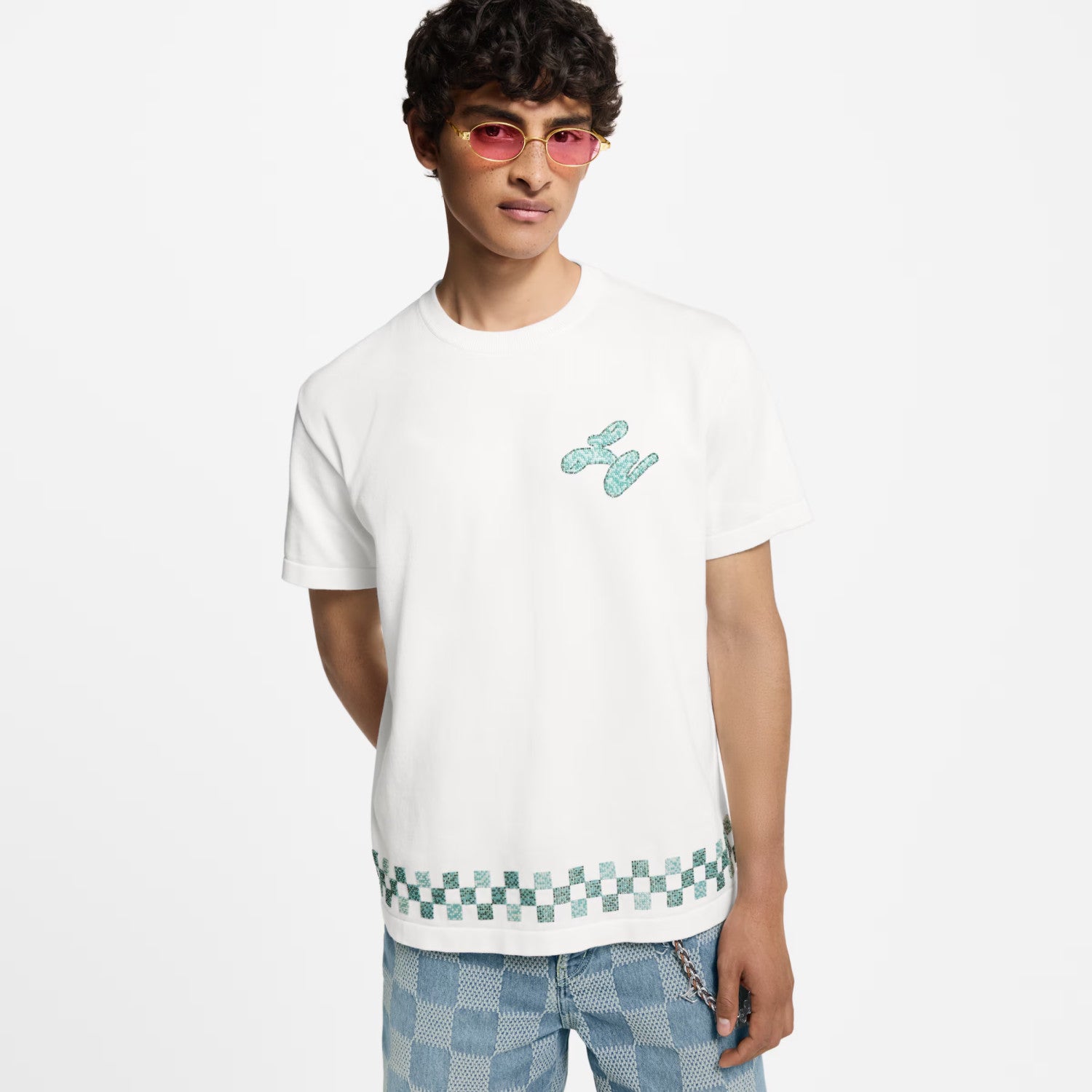 Louis Vuitton Men's Summer Hem Checkered Hot Drill Embroidery Fitted Cotton Short Sleeve Round Neck T-Shirt #81299