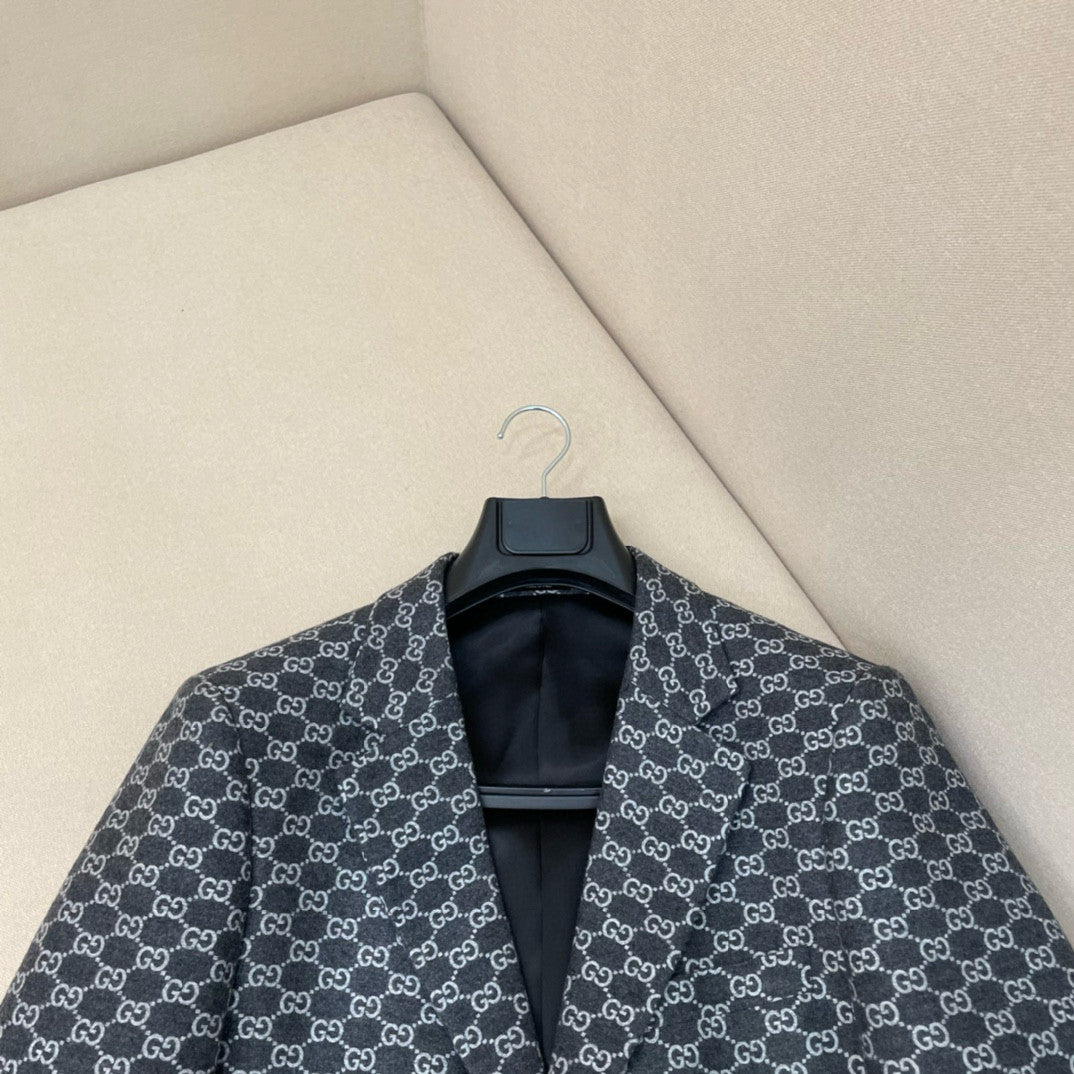 Gucci GG Flannel Men's Dark Gray Spring and Autumn Logo Full Printed Pattern Lapel Single Breasted Long Sleeve Jacket #98143
