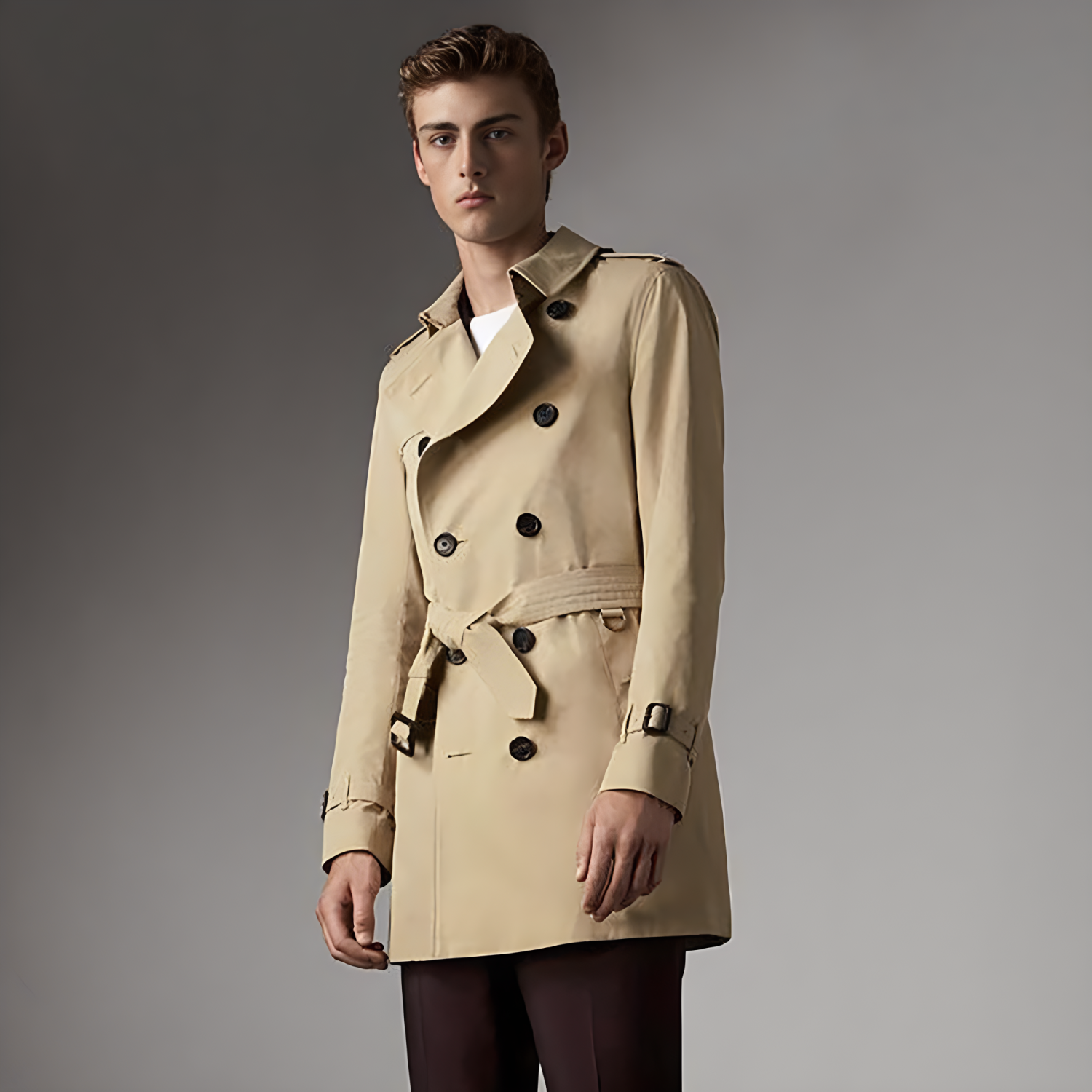 Burberry Men's Spring and Autumn Solid Color Double Breasted Mid-Length Waist Trench Coat Jacket #72856
