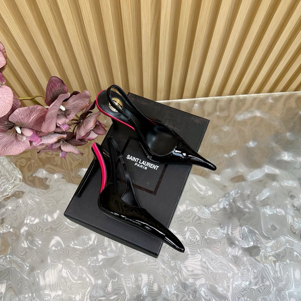 Saint Laurent AMALIA Women's Fashion Classic Pointed Toe Leather Patent Leather Open Toe Stiletto Heels Heel Height Approximately 10.5cm High Heels Shoes #78994