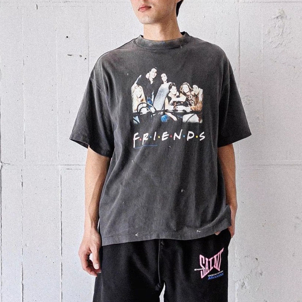 Saint Michael x Friends Men's Summer Character Printed Cotton Aged Round Neck Short Sleeve T-Shirt Ngvp #1662