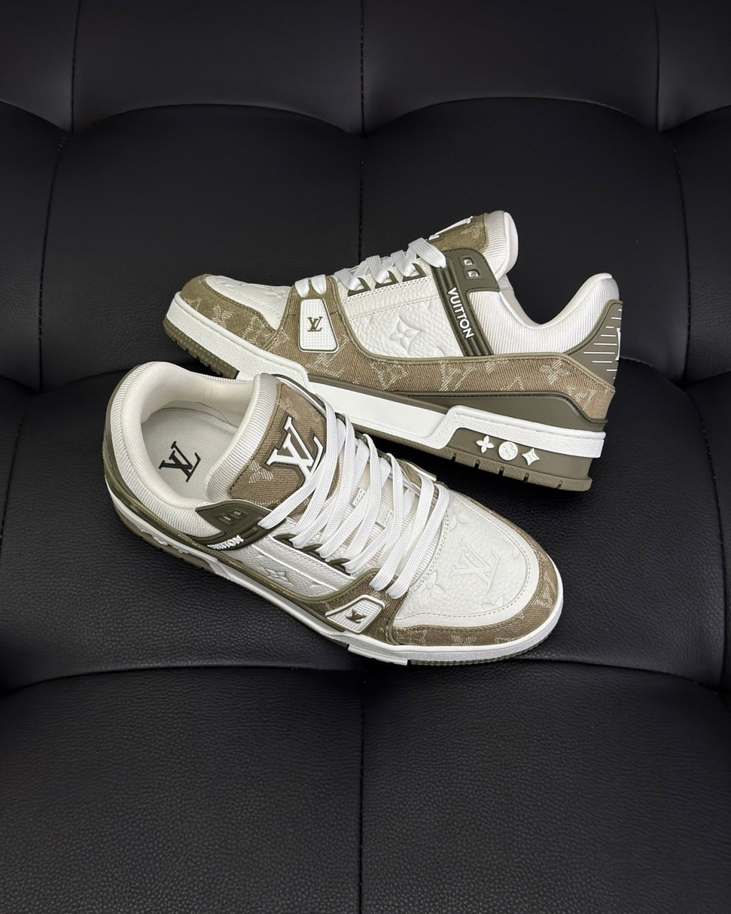 Louis Vuitton Men's LV Trainer Sneakers Four Seasons Retro Colorblocking Grained Cowhide Leather Mesh Round Toe Lace-Up Low Casual Shoes #81323