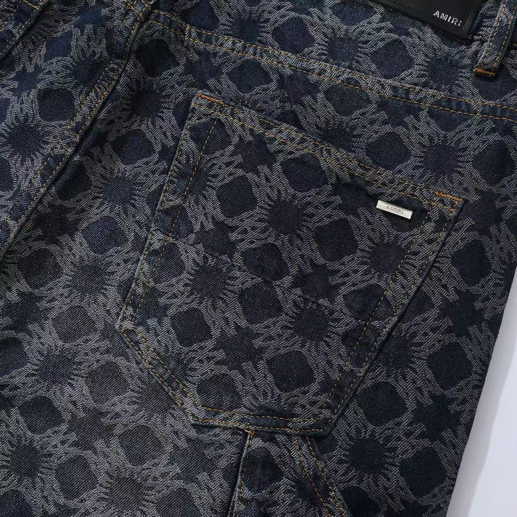 Amiri Men's All-Over Jacquard Denim Pants Four-Season Patchwork Solid-Color Cotton Straight-Leg Trousers Ngvp #2575