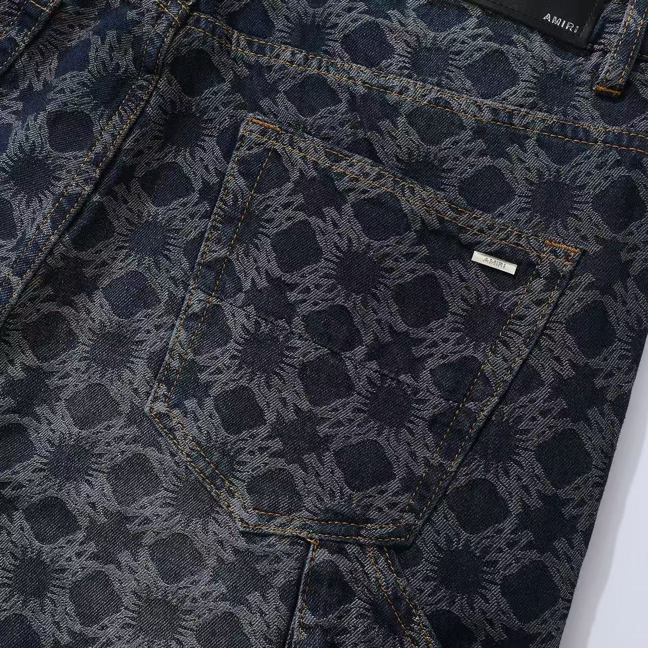 Amiri Men's All-Over Jacquard Denim Pants Four-Season Patchwork Solid-Color Cotton Straight-Leg Trousers Ngvp #2575