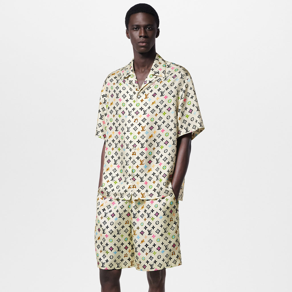 Louis Vuitton Men's Summer Logo Full Print Single Breasted Short Sleeve Shirt Elasticated Waist Shorts Suit Set #75224