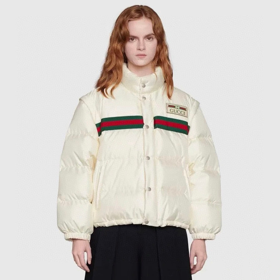 Gucci Men's And Women's Winter Fashion Casual High Neck Single Button Red Green Striped Webbing Contrast Collar Detachable Sleeves Down Jacket #79374