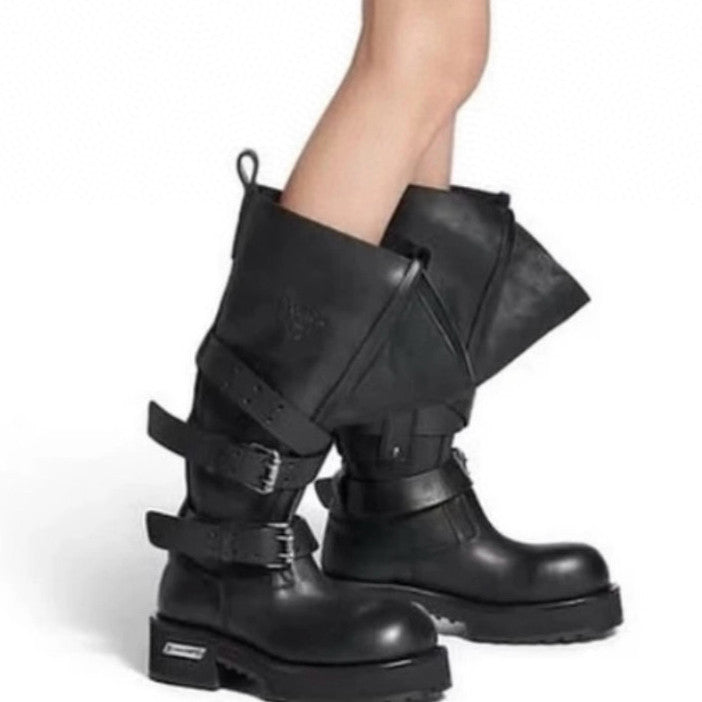 Balenciaga VENOM Men's  Fall/Winter Fashion Solid Color Round Toe Slip On Leather Buckle Fastened Knee High Boots Shoes #78771