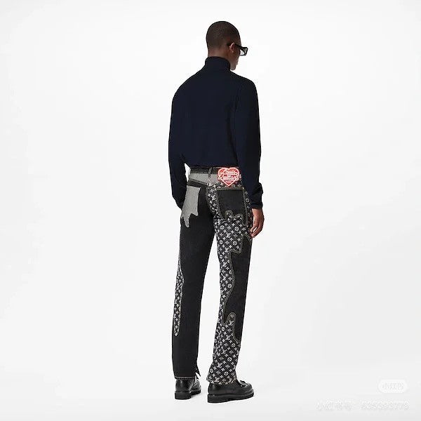 Louis Vuitton X 2 Collaboration Men's Spring And Summer Structural Splicing Monogram Flower Denim Pants Fashionable Casual Wide Leg Pants #71849