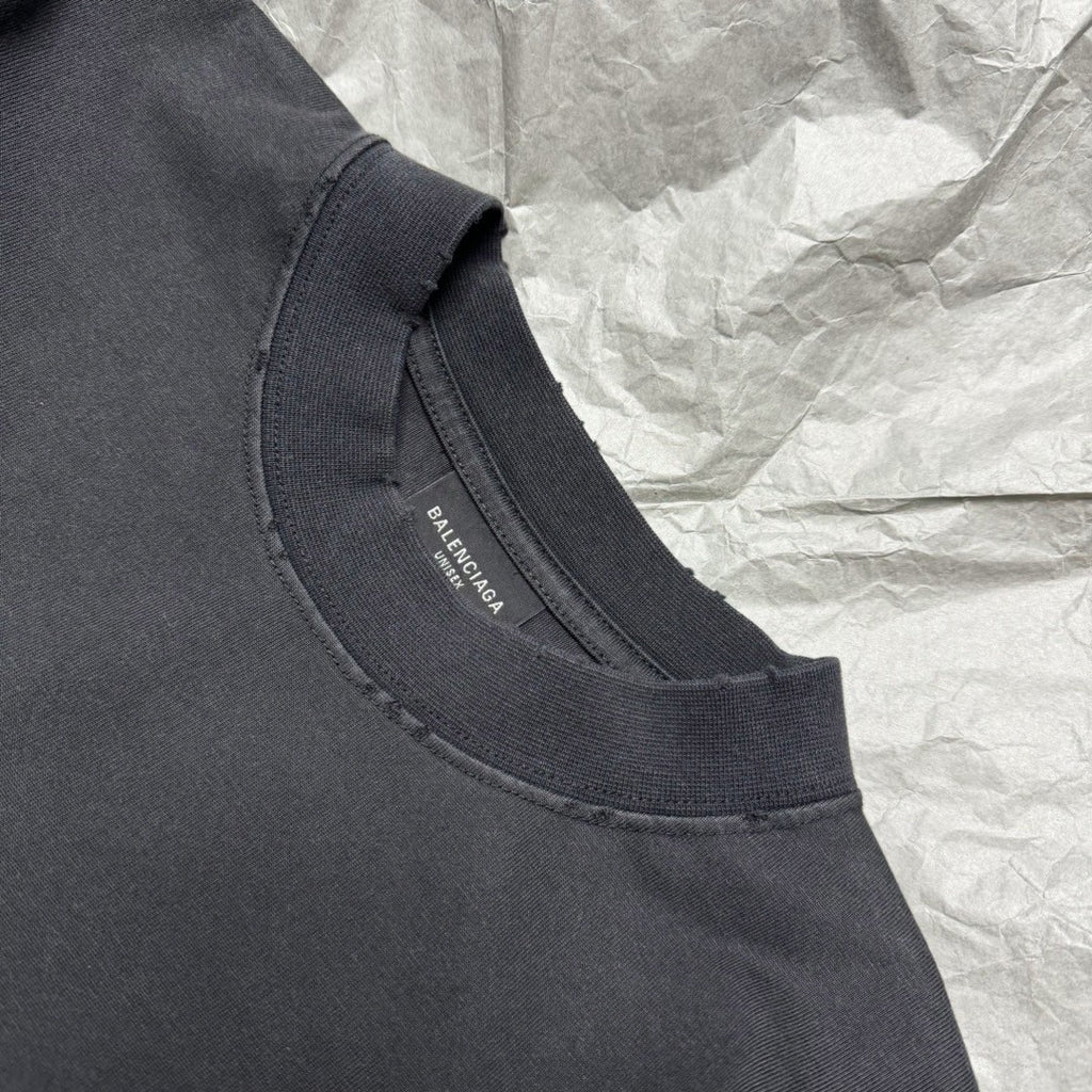 Balenciaga Women's Summer Painted Faded Washed Black Vintage Plain Knit Regular Fit Short Sleeve T-Shirt #74871