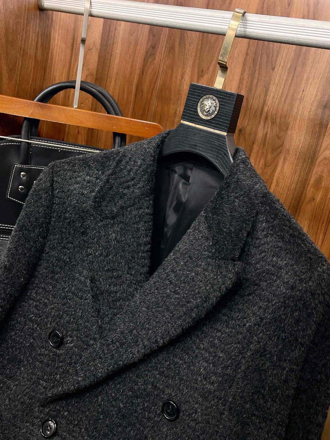 Hermes Men's Fall And Winter Water Wave Texture Casual Double-Breasted Medium-Length Wool Blend Coat Ngvp #9882