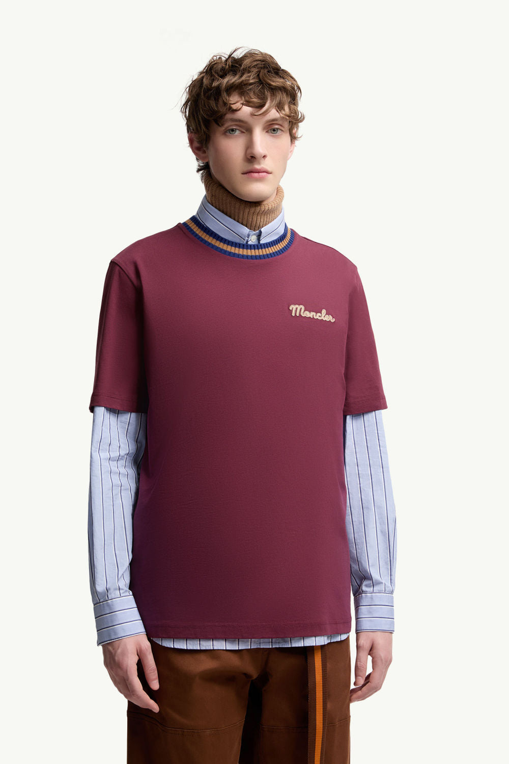 Moncler Burgundy Embroidered Logo Cotton T-Shirt Polos T-shirts #375498