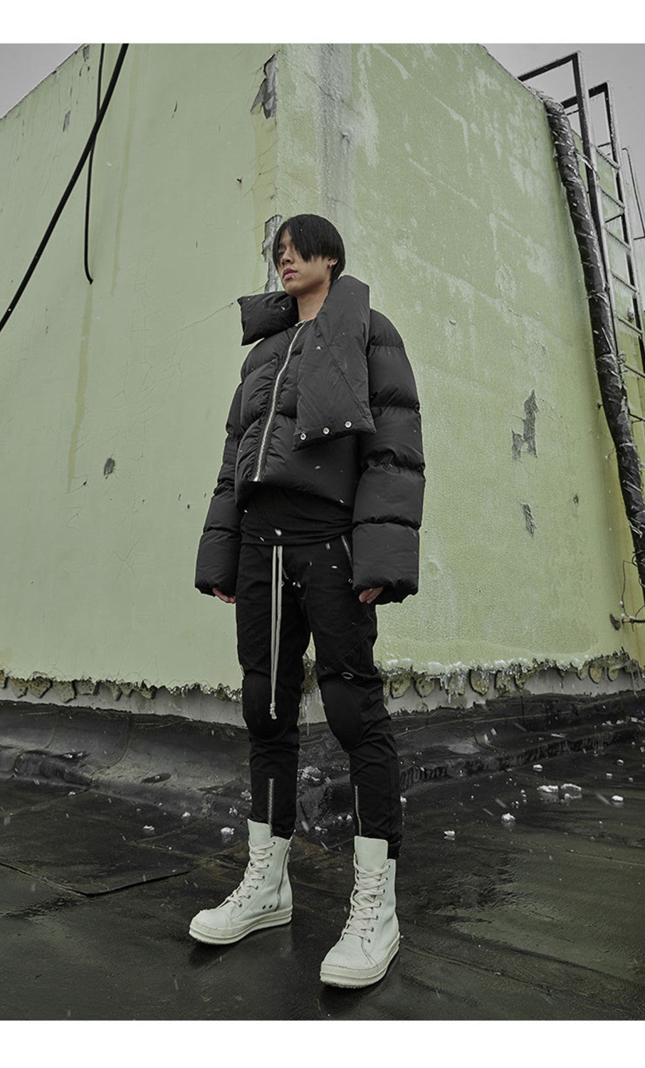 Rick Owens Men's Women's Fall And Winter Dark Windproof Scarf Down Jacket Thickened Warm Short Ultra-long-sleeved Zipper Down Jacket Ngvp #2494