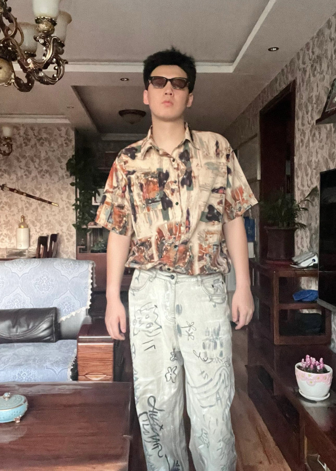 Balenciaga Men's Spring And Autumn Graffiti Retro Old Workwear Pants White Baggy Jeans High Street Fashion Straight Casual Pants Ngvp #1184