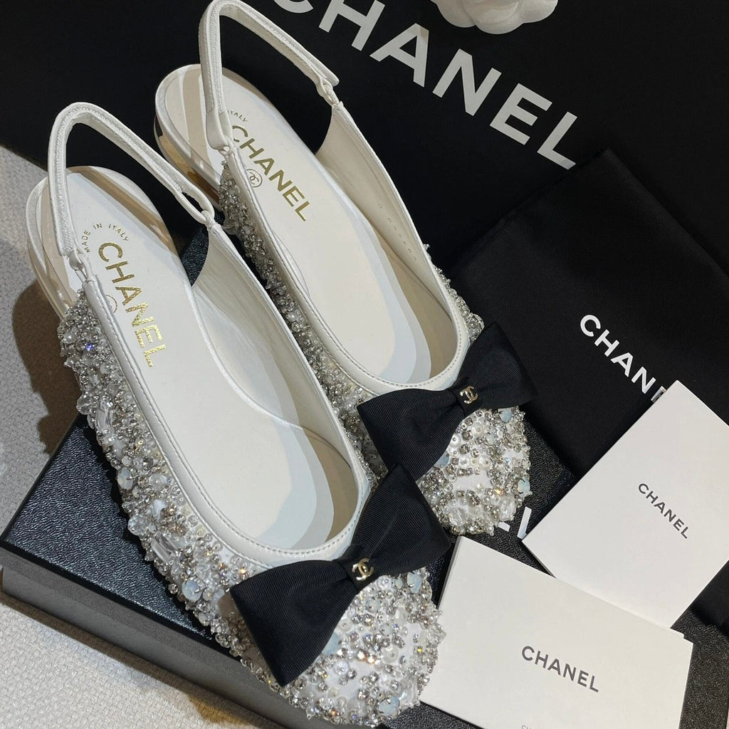 Chanel Women's Classic Fashion Spring Summer And Fall Bow Round Toe Diamond Mary Jane Shoes Slip-on Open Back Shoes #78228