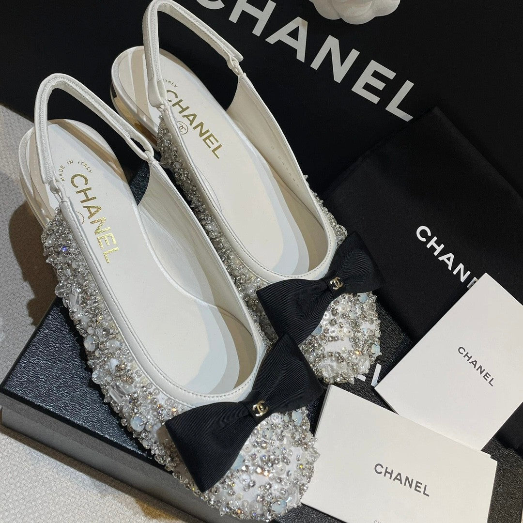 Chanel Women's Classic Fashion Spring Summer And Fall Bow Round Toe Diamond Mary Jane Shoes Slip-on Open Back Shoes #78228