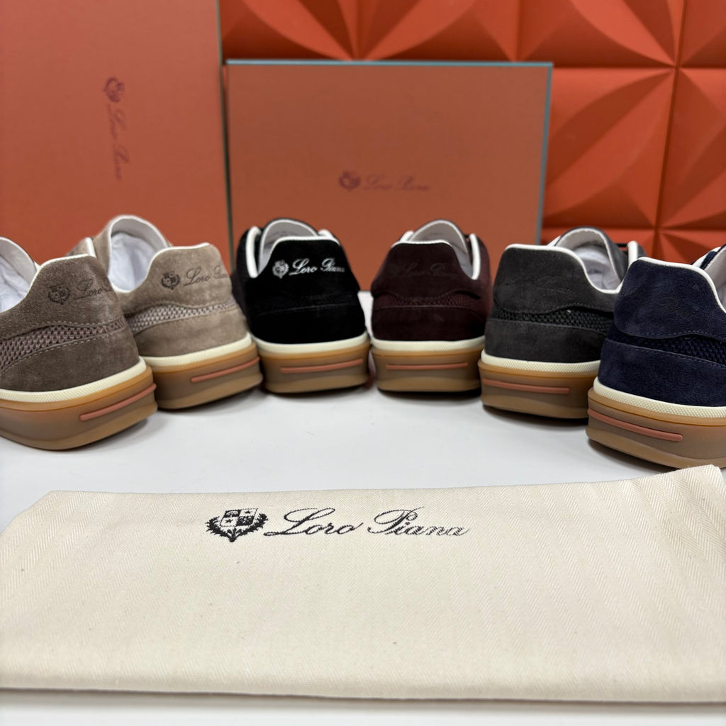Loro Piana Men's Spring/Fall Fashion Casual Round Toe Lace Up Low Top Leather Patch Sneakers Breathable Mesh Patch Fabric Casual Shoes #79242