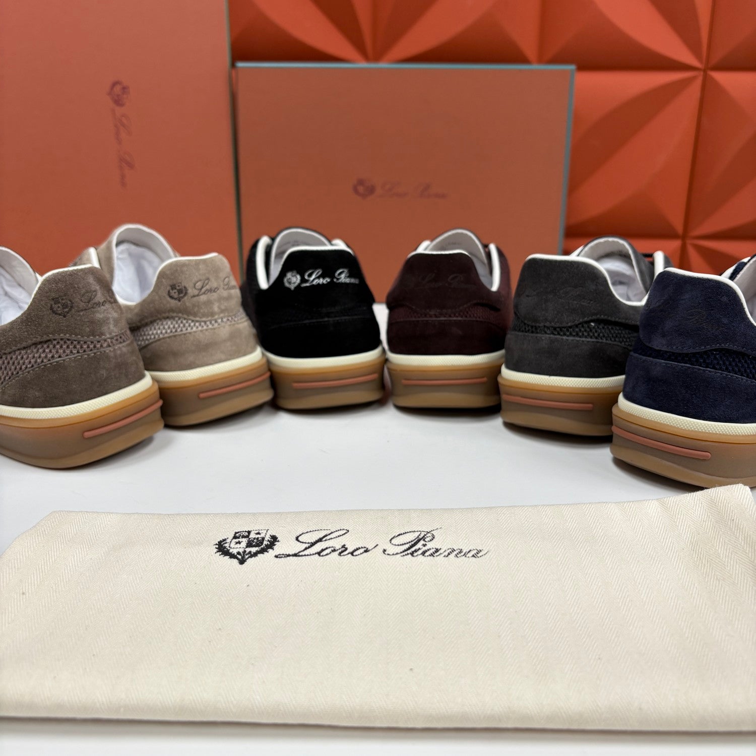 Loro Piana Men's Spring/Fall Fashion Casual Round Toe Lace Up Low Top Leather Patch Sneakers Breathable Mesh Patch Fabric Casual Shoes #79242