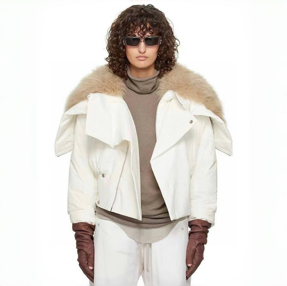 Moncler x Rick Owens Men's Women's Autumn And Winter Large Fur Collar Removable Trend High Street White Down Jacket Zip Hooded Jacket Ngvp #9794