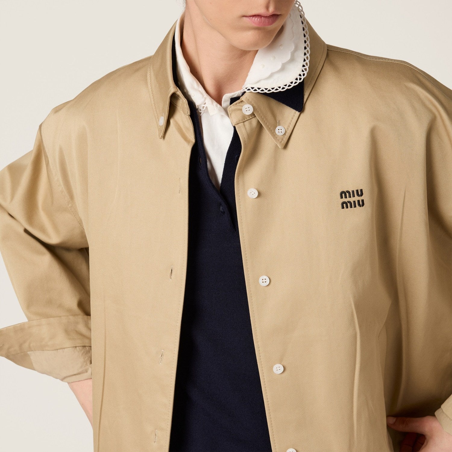 MiuMiu Men's Women's Spring & Autumn Twill Cotton Logo Embroidery Solid Color Single Breasted Long Sleeve Jacket Coat #81282