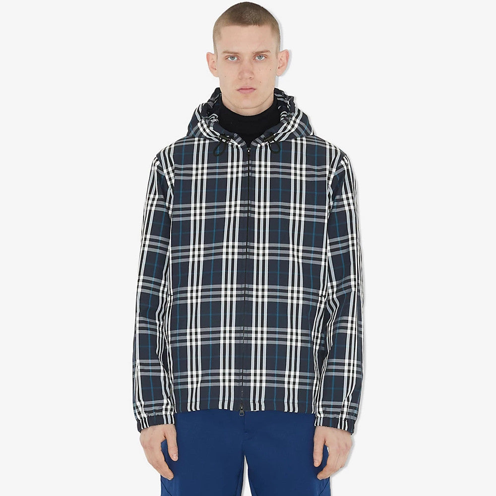 Burberry Men's Spring and Autumn Blue Plaid Hooded Zipper Long Sleeve Jacket #98568