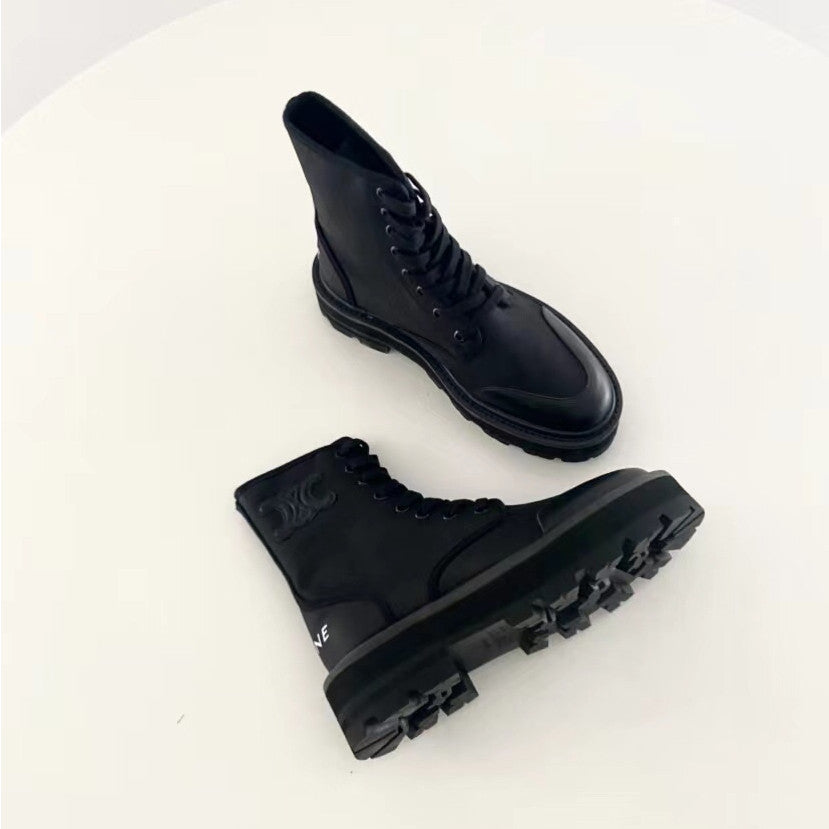 Celine Bulky Women's Solid Color Comfortable Leather Thick Sole Lace-Up Mid-Length Boots Shoes #73715
