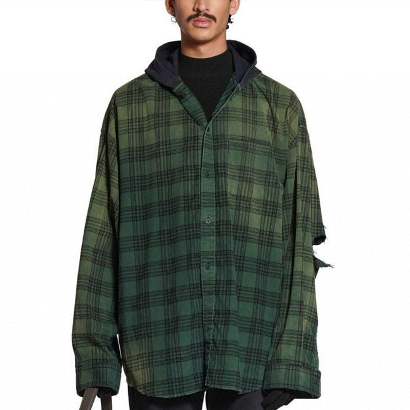 Balenciaga Men's Spring And Summer Fashion Trend Color Blocking Plaid Buttons Hooded Long-sleeved Shirt Loose Casual Ngvp #7448