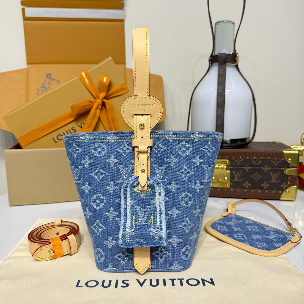 Louis Vuitton Women's Bucket Bag All In BB Burgundy Denim Cotton 2026 Spring New Arrival Light Luxury High-End Fashion Casual Bag M28107 #82886A