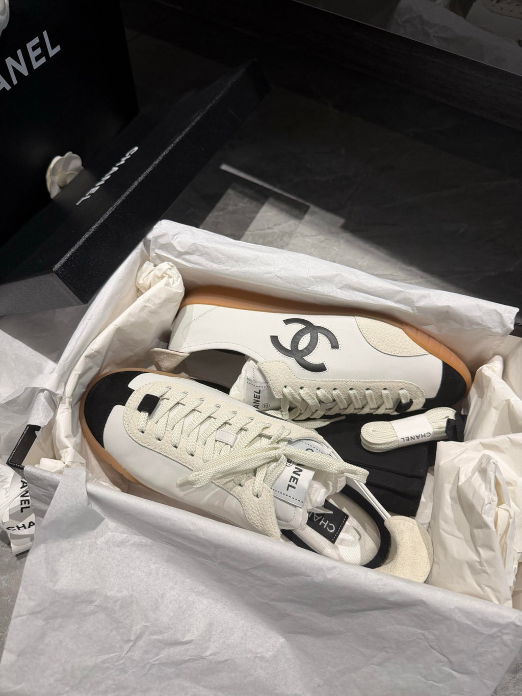 Chanel Sneakers Calfskin Embossed Suede Calfskin White Black #375474