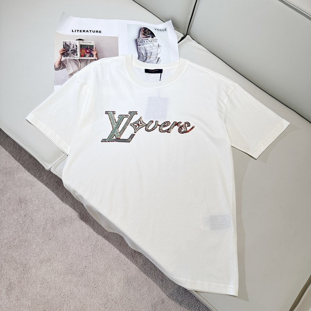 Louis Vuitton Men's Summer Embroidery Beaded Letter Logo White Round Neck Short Sleeve T-Shirt #99737