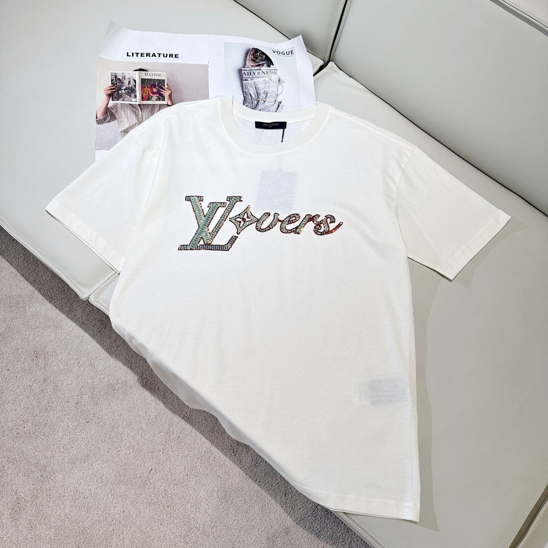 Louis Vuitton Men's Summer Embroidery Beaded Letter Logo White Round Neck Short Sleeve T-Shirt #99737