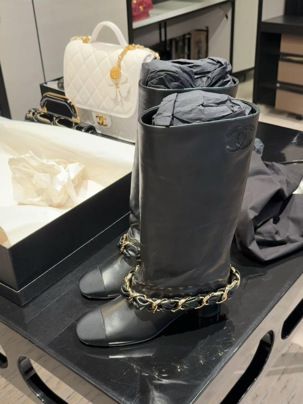 Chanel High Boots Lambskin Grosgrain Black #335049