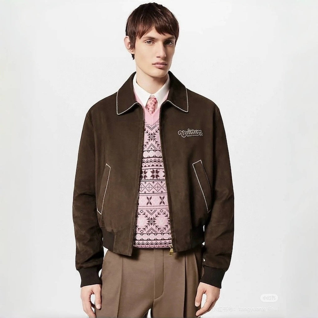 Louis Vuitton Men's Fall and WinterBrown Letter Zipper Lapel Cowhide LeatherCasual Pilot Long Sleeve Jacket #74398