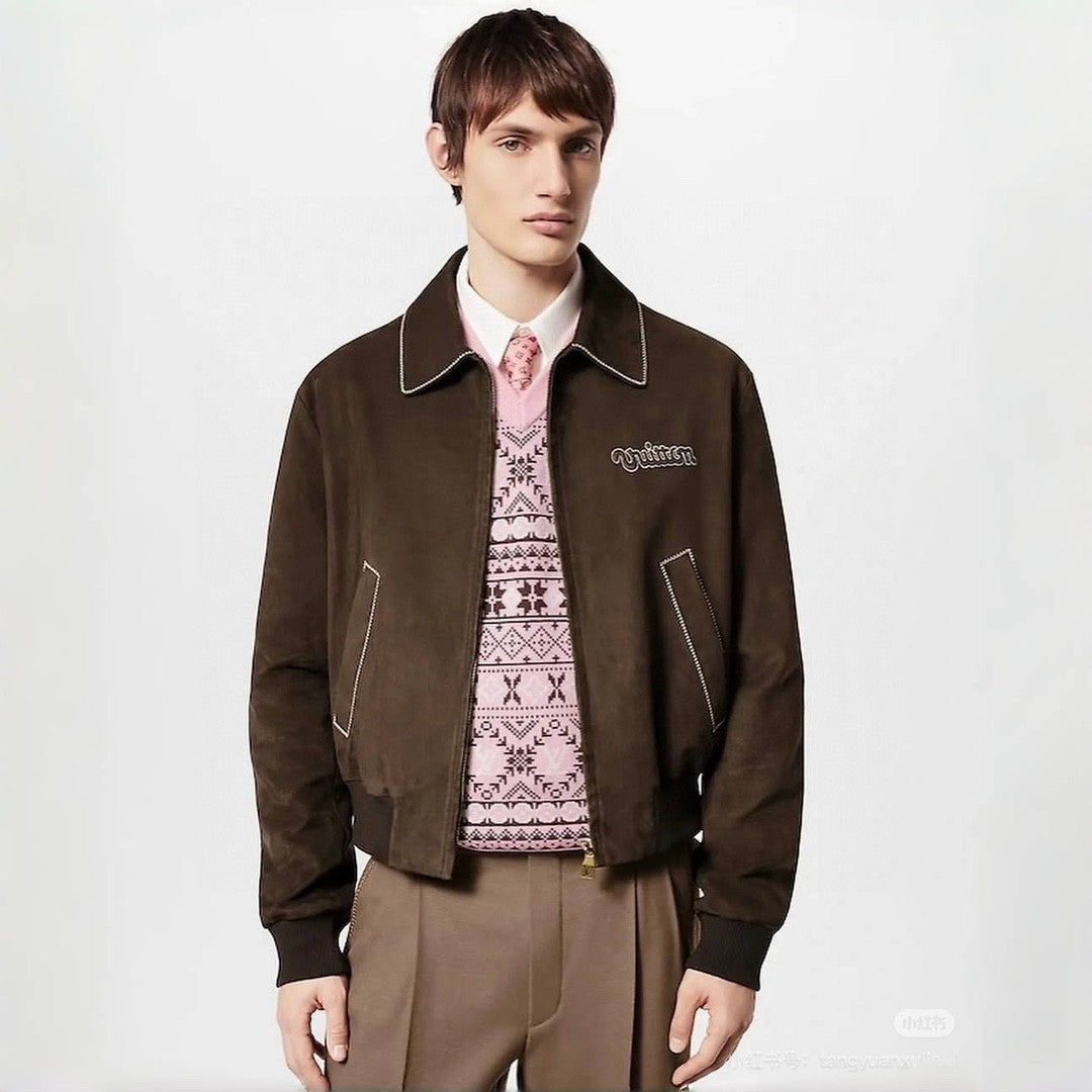Louis Vuitton Men's Fall and WinterBrown Letter Zipper Lapel Cowhide LeatherCasual Pilot Long Sleeve Jacket #74398