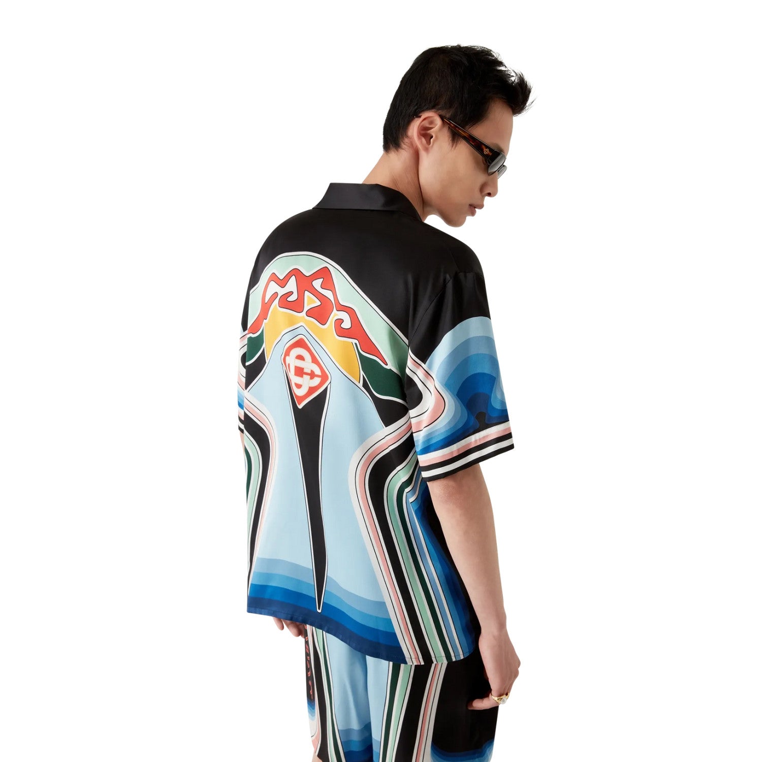 Casablanca Men's Summer Fashion Casual Crew Neck Geometric Mountain Pattern Silk Short-Sleeve T-Shirt Elastic Drawstring Mountain Pattern Silk Shorts Suit Set #78591