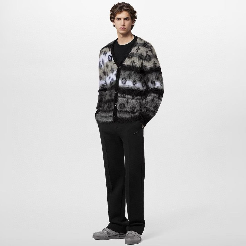 Louis Vuitton Men's Fall And Winter Black And White Jacquard Long Wool Sweater Cardigan#286539
