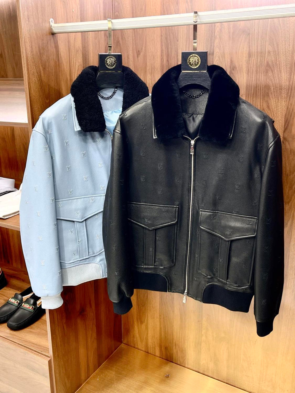 Louis Vuitton Men's Fall/winter Pilot Drawstring Jacket Solid Color Logo Jacquard Hair Collar Colorblocking Leather Jacket #71553