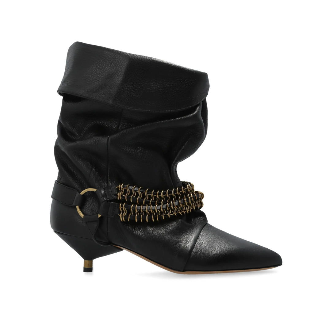 Isabel Marant Women's Autumn and Winter Edrik Leather Boots Solid Color Pointed Toe Pleated Surface Metal Chain Buckle Short Boots Heel 4.5cm Casual Shoes Ngvp #1941