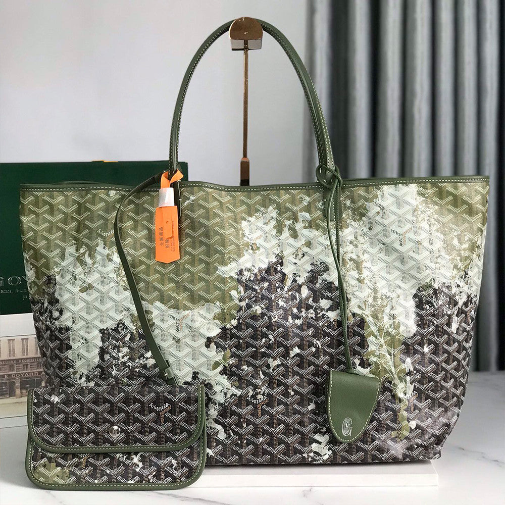 Goyard 170th Anniversary Special Limited Edition Three-tone Forest Green Saint Louis Large Tote Bag (canvas & Chevroches Calfskin) Bag Bags #196798