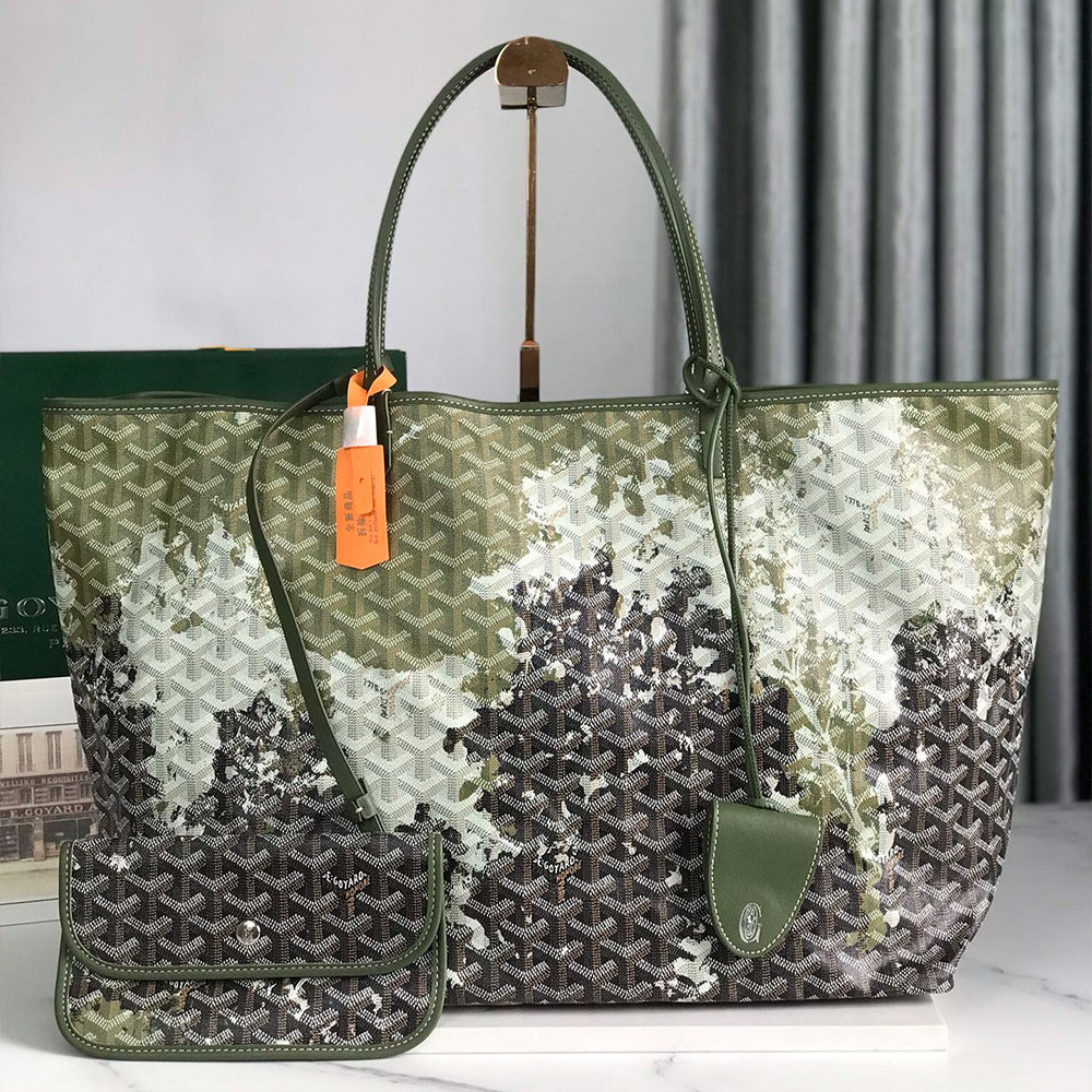 Goyard 170th Anniversary Special Limited Edition Three-tone Forest Green Saint Louis Large Tote Bag (canvas & Chevroches Calfskin) Bag Bags #196798