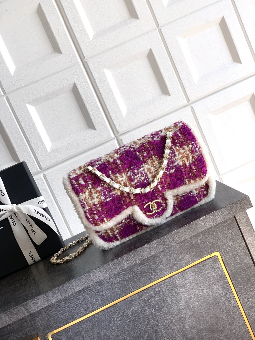 Chanel Large Flap Bag Tweed Shearling Lambskin #333980