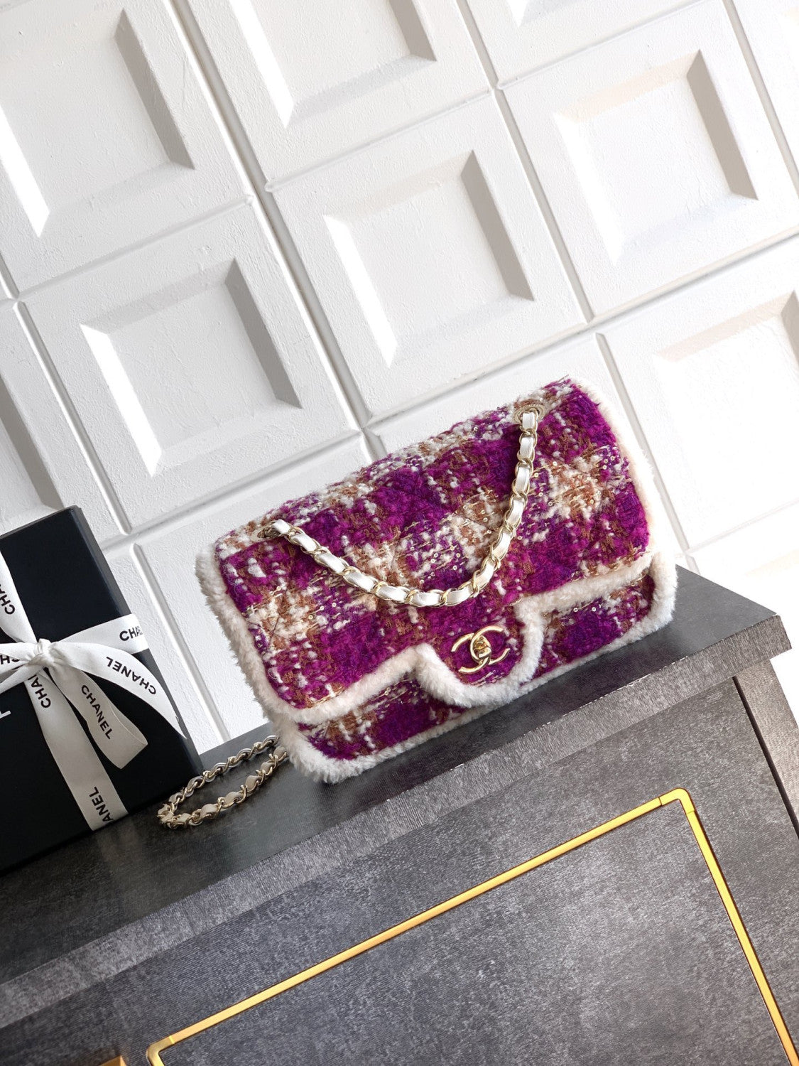 Chanel Large Flap Bag Tweed Shearling Lambskin #333980