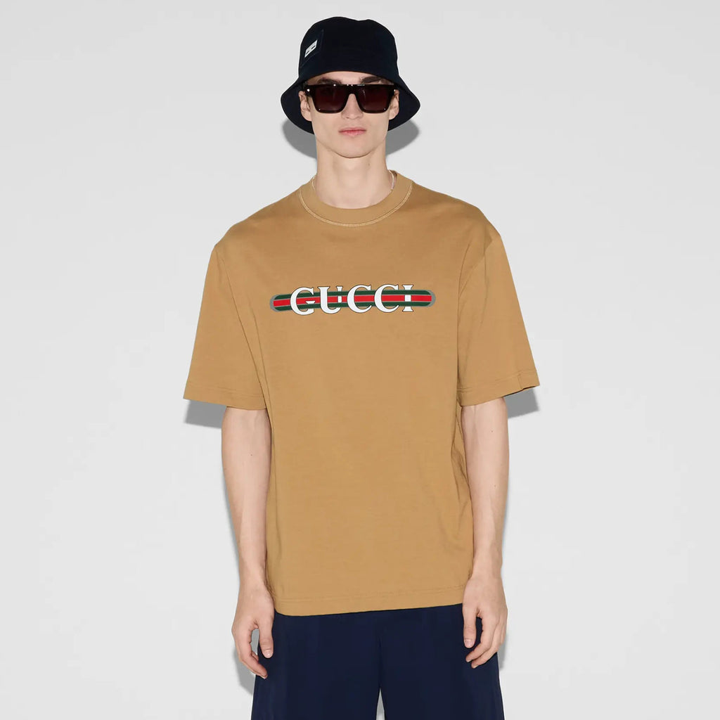 Gucci Men's Summer Solid Color Letter Print Round Neck Drop Shoulder Short Sleeve T-shirt #76313