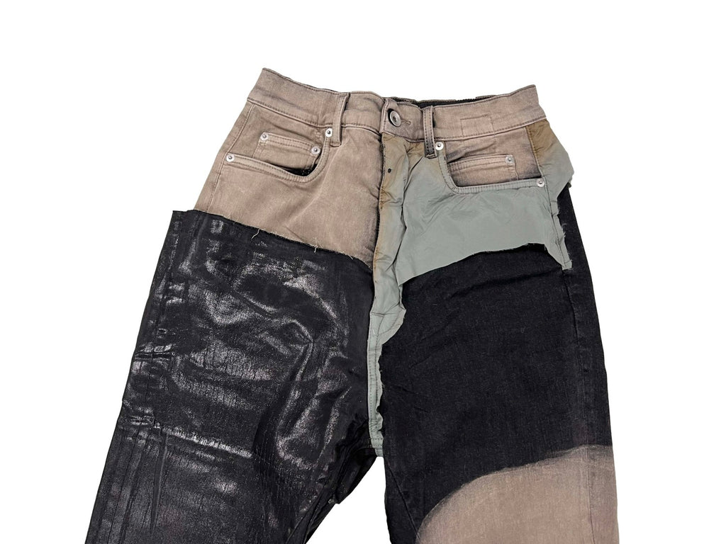 Rick Owens Men's Spring and Autumn Old Wash Splicing Coating Wax Pants Wide Leg Flare Jeans Pants #76795