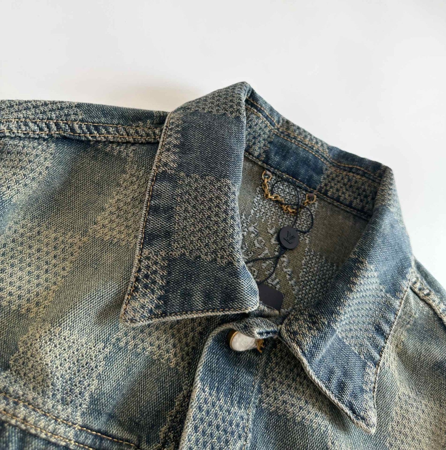 Louis Vuitton Men's Spring And Fall Logo Jacquard Checkerboard Pattern Pocket Single Breasted Denim Jacket Pants Suit Set #72956
