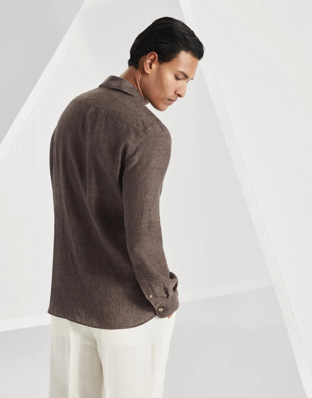 Brunello Cucinelli Men's Linen Easy Fit Shirt with Camp Collar and Chest Pocket Spring And Autumn Solid Color Long Sleeve Top Ngvp #1455