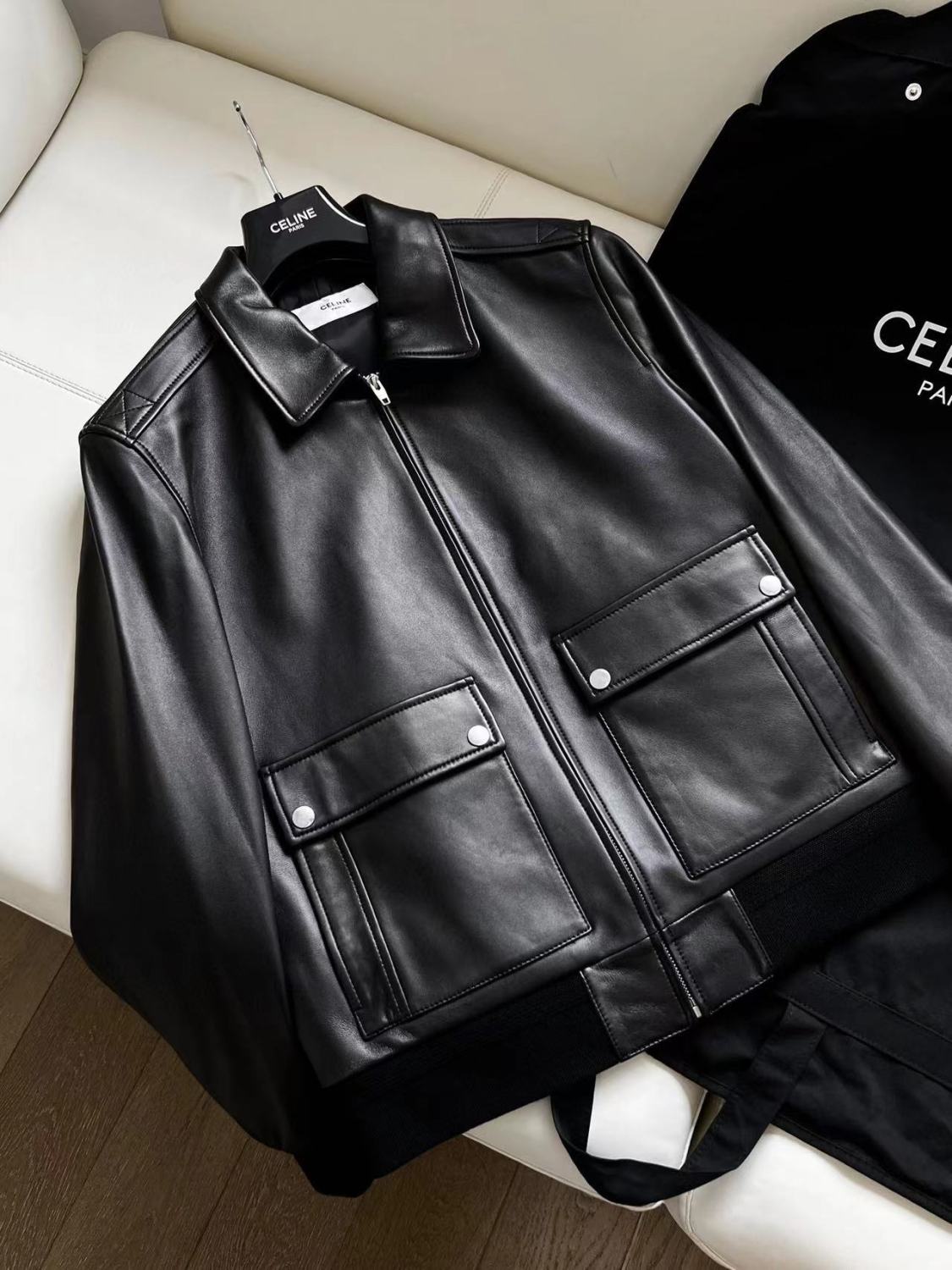 Celine Men's Fall And Winter Black Lambskin Lapel Zipper Long Sleeve Jacket #98456