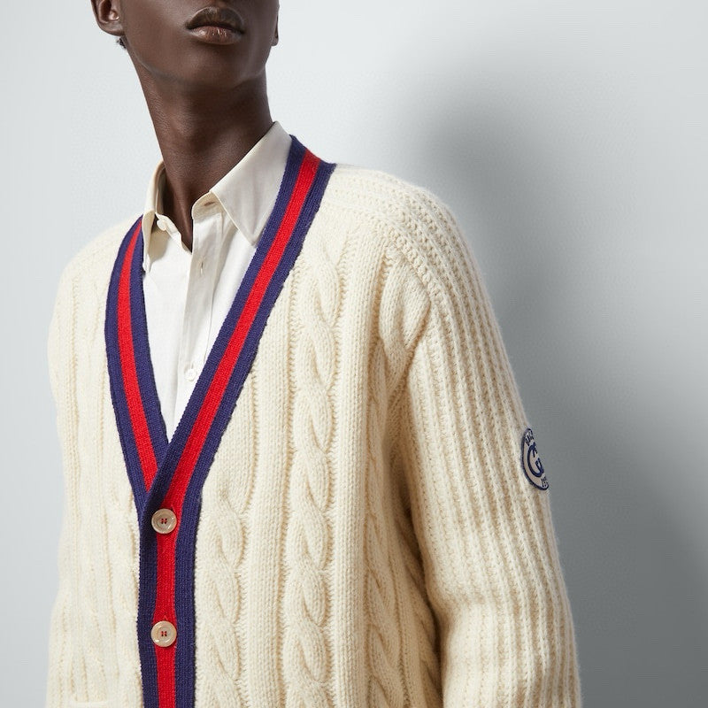 Gucci Men's Beige Colour Block Stripe V-Neck Single Breasted Long Sleeve Knitted Cardigan #97871
