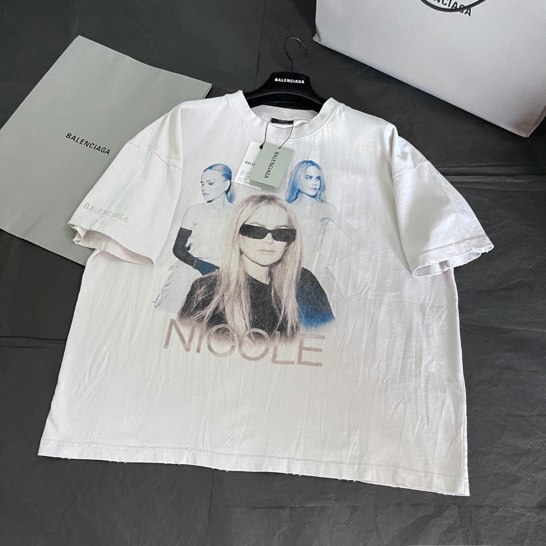 Balenciaga Nicole Kidman Ambassador Signature Portrait Men's Women's Summer Solid Color Pleated Washed Casual Loose Short Sleeve NICOLE BOXY T-Shirt Ngvp #1482