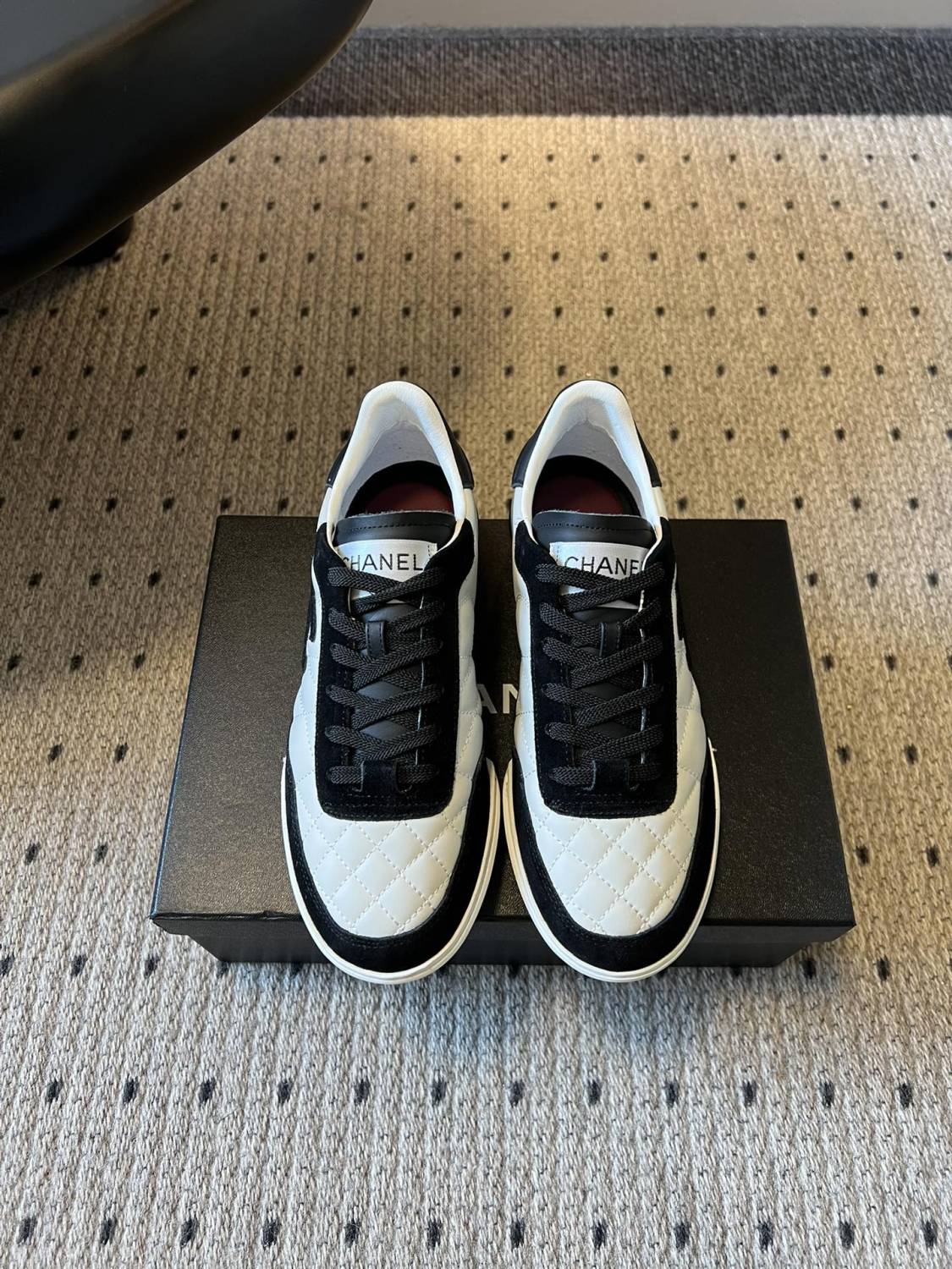 Chanel Trainers Calfskin Suede Kidskin White Black #377371
