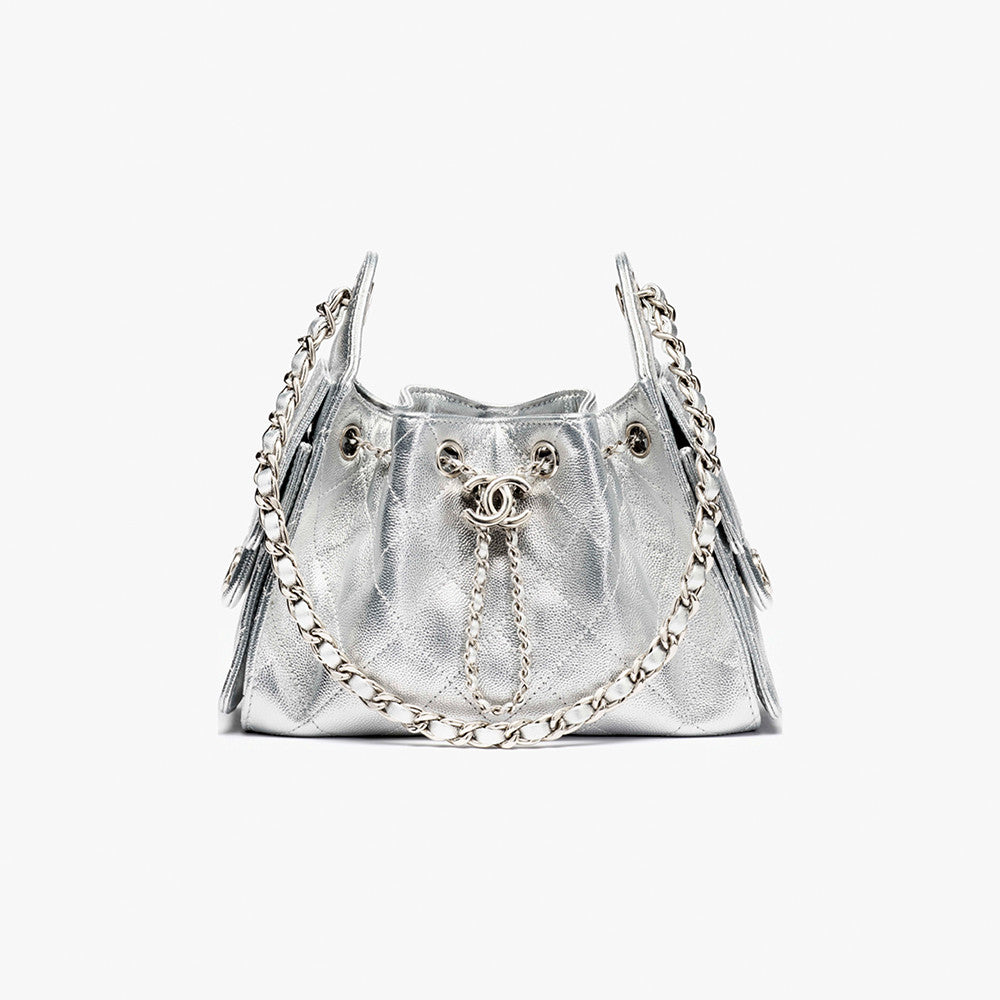 Chanel 25 Women's Mini Handbag Metallic Grained Embossed Calfskin And Silver Metal Silver #332929